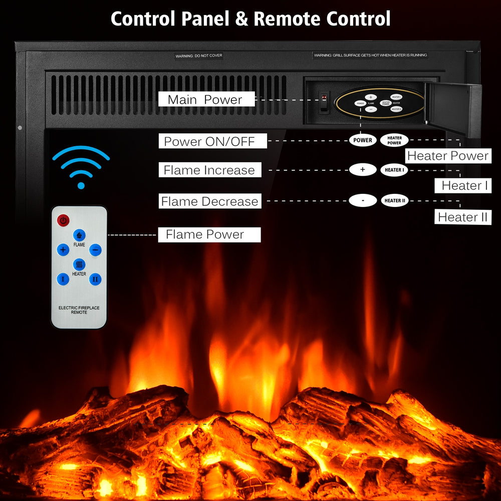 Control panel and remote for the 22.5 Inch Electric Fireplace Insert with 7 flame brightness levels and dual heating.
