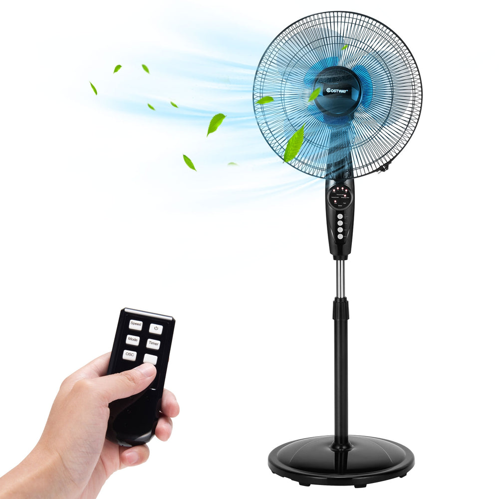 16-inch adjustable height fan with quiet oscillating stand and remote control for home and office comfort.