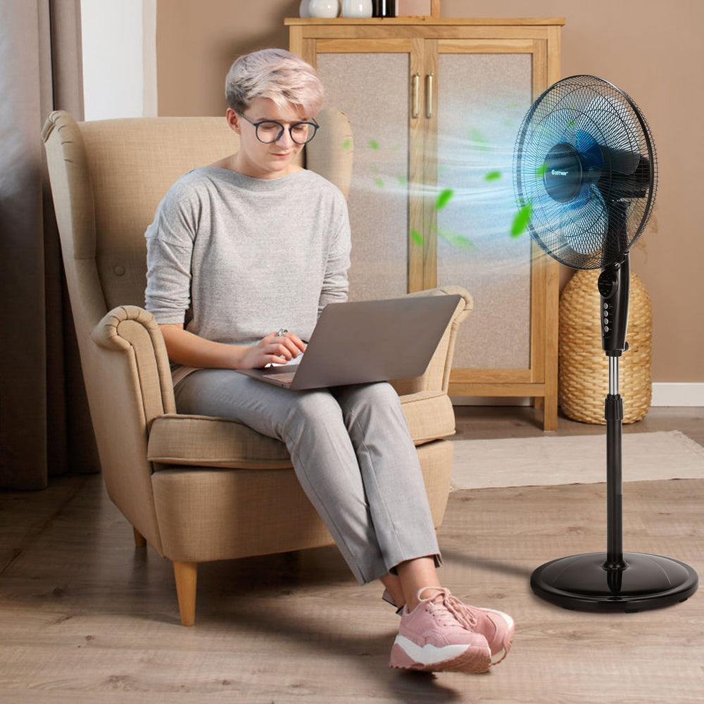 16-inch adjustable height fan with quiet oscillating stand, ideal for home and office comfort during hot summer days.