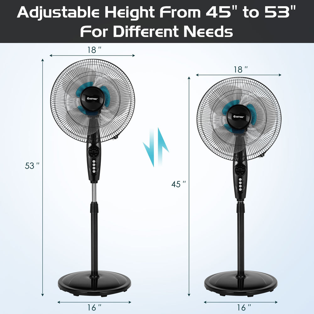 16-inch adjustable height fan with quiet oscillation, 3-speed settings, and remote control for home or office comfort.