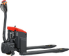 side profile of black electric pallet jack with red accents