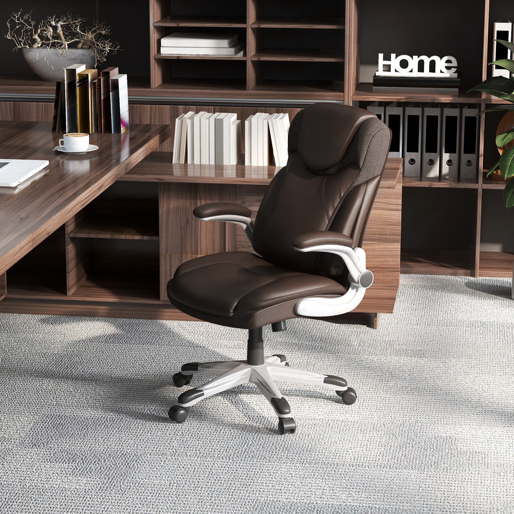 Ergonomic Office PU Leather Executive Chair with Flip-up Armrests and Rocking Function-Brown - Gallery View 1 of 9