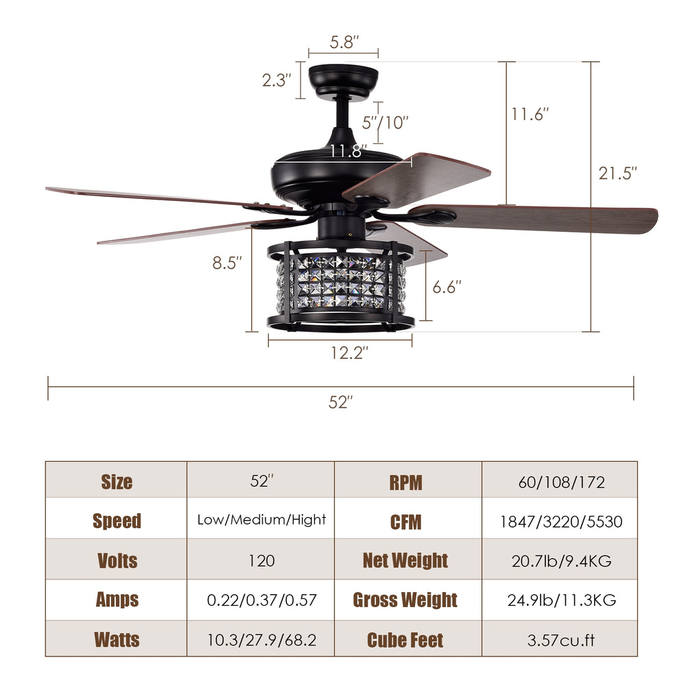 52-inch black crystal ceiling fan with remote, featuring 5 reversible blades and 3-speed settings for versatile use.