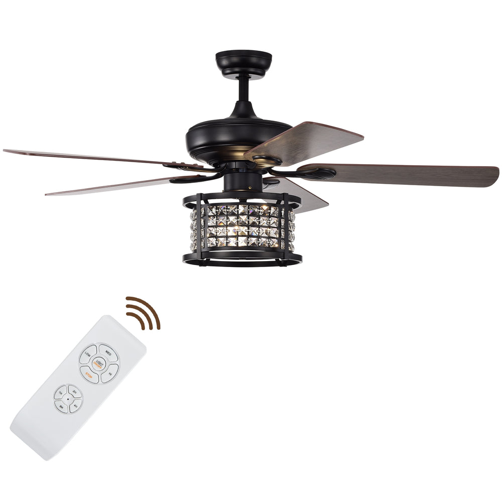 52-inch black crystal ceiling fan with remote control, featuring 3-speed settings and reversible blades for year-round.