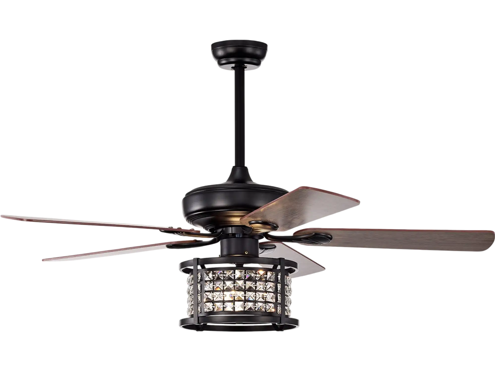 52-inch black crystal ceiling fan with remote, featuring 5 reversible blades and 3-speed settings for versatile comfort.