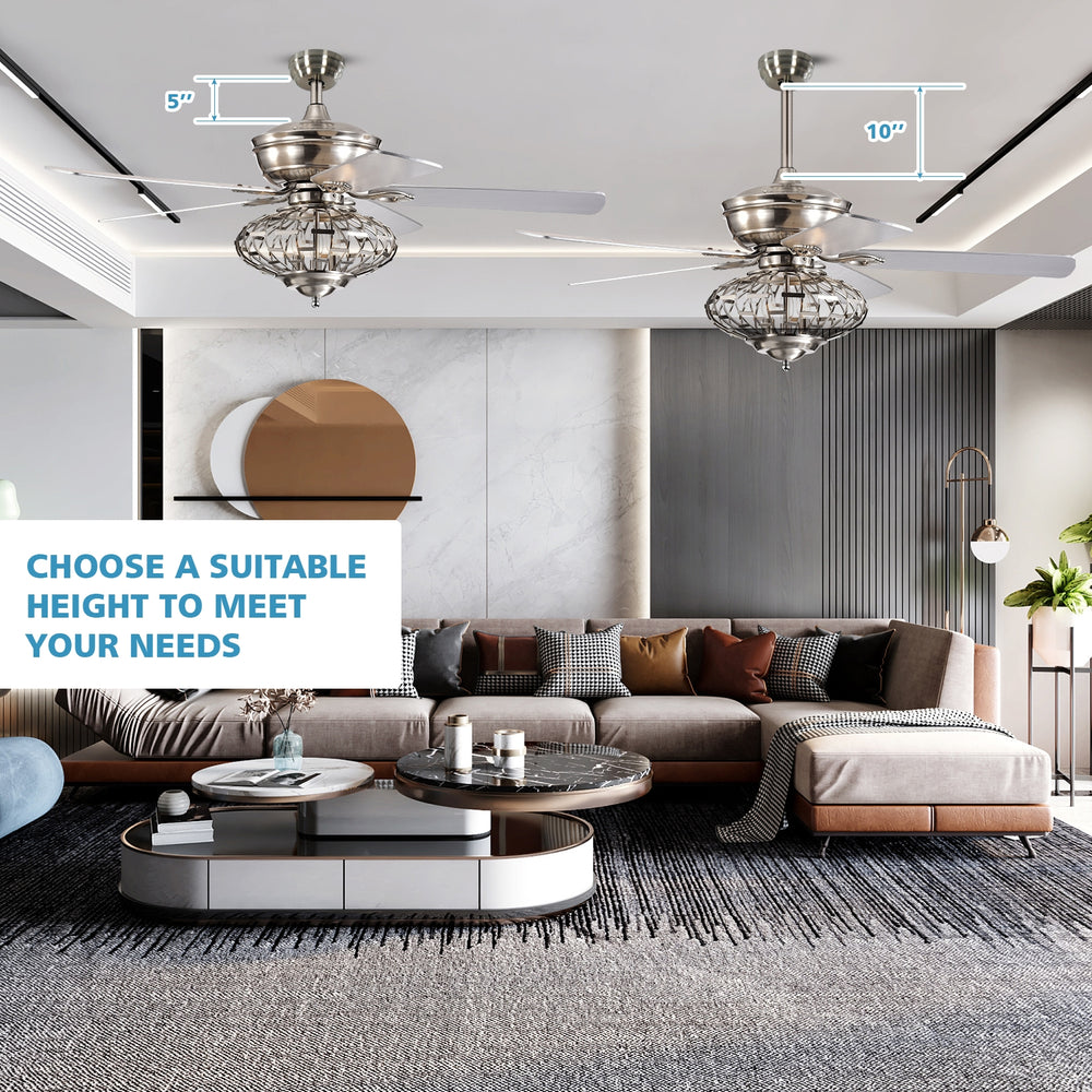 52-inch silver ceiling fan with wooden blades and remote control, ideal for elegant living spaces and versatile.