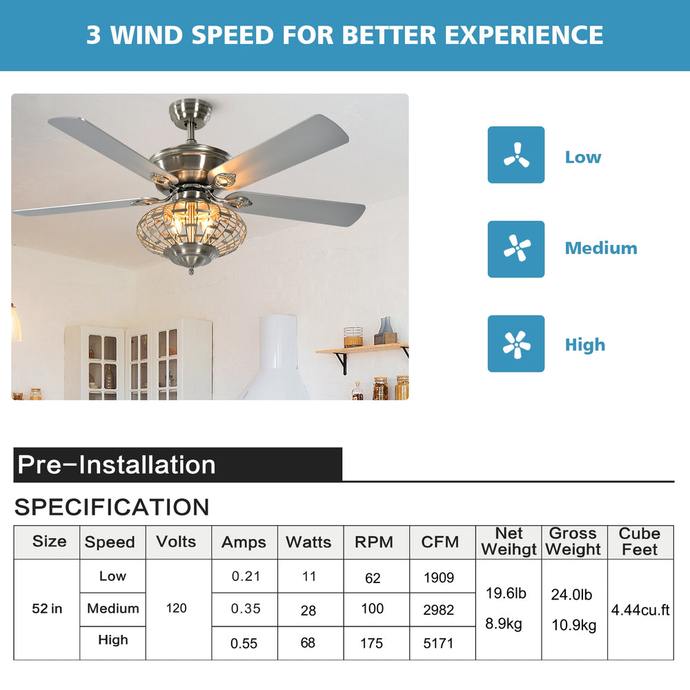 52-inch silver ceiling fan with wooden blades and remote control, featuring 3 wind speeds for versatile airflow in any.