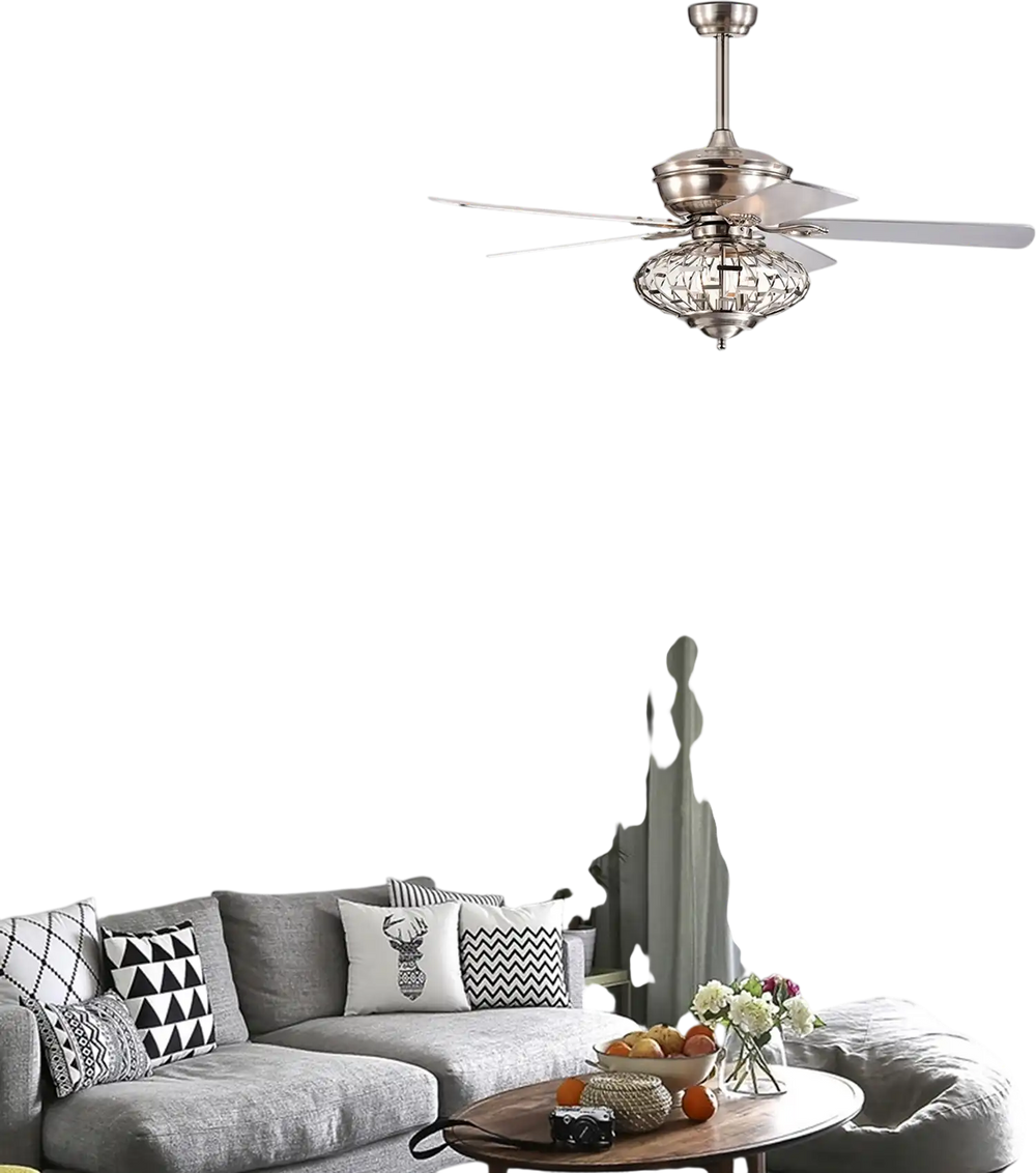 52-inch silver ceiling fan with wooden blades, remote control, ideal for living room or bedroom decor and airflow.