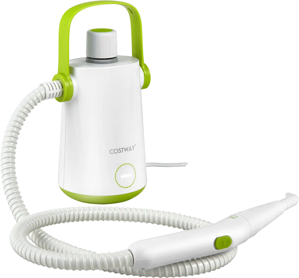 Portable 1000W steam cleaner in green with 10 accessories, ideal for cleaning floors and hard-to-reach areas.