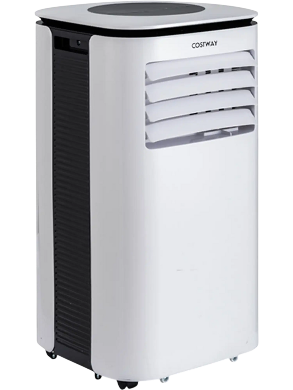 9000 BTU portable air conditioner in white, featuring four universal casters for effortless mobility and easy placement.