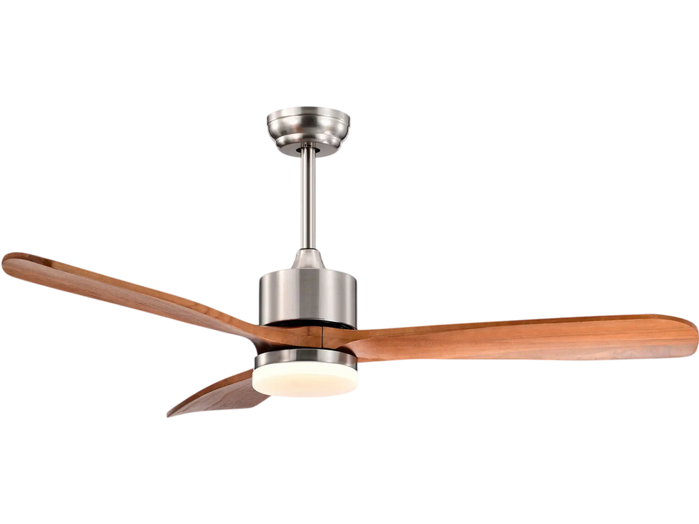 52-inch reversible ceiling fan with LED light, wood blades, and remote control for summer and winter use.