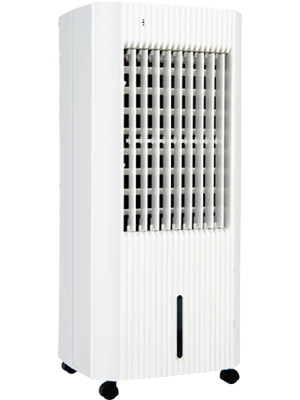 3-in-1 evaporative air cooler in white, showcasing a sleek design with a control panel and removable air filter for.
