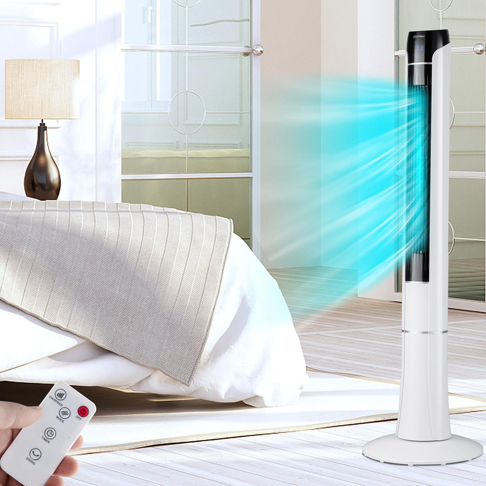 Portable 48-inch white tower fan with remote control, featuring 80° oscillation and three speed settings for efficient.