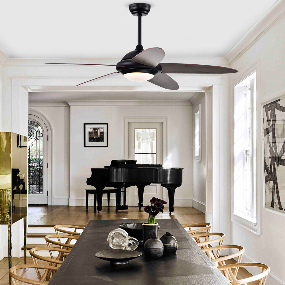 52-inch black ceiling fan with lights, featuring three lighting colors and a modern design, ideal for living room decor.