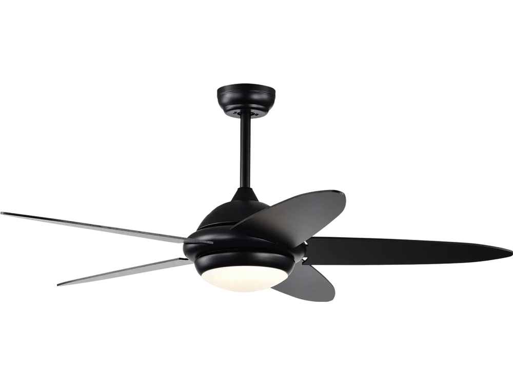 52-inch black ceiling fan with lights, featuring three speeds, LED light in three colors, and remote control for easy.