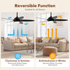 52-inch black ceiling fan with lights, featuring reversible airflow for summer cooling and winter heating, ideal for.
