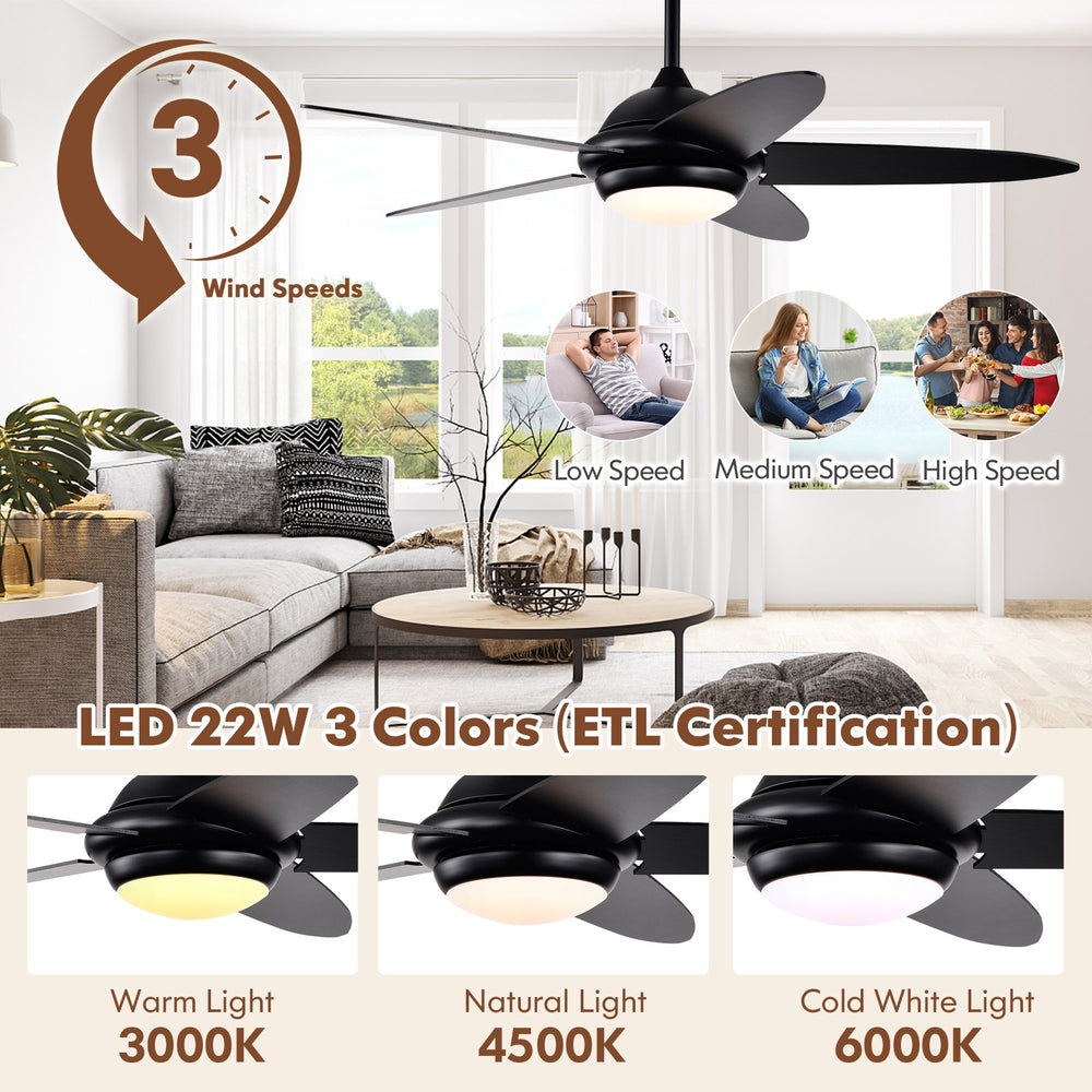 52-inch black ceiling fan with lights, featuring 3 color temperatures and remote control, ideal for living rooms and.