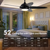 52-inch black ceiling fan with lights, remote control, and three lighting colors, ideal for bedrooms and living rooms.