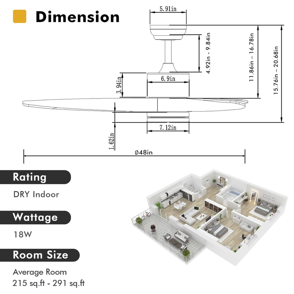 48-inch wood ceiling fan with LED lights, 6 speed levels, and remote control, ideal for rooms 215-291 sq.ft.