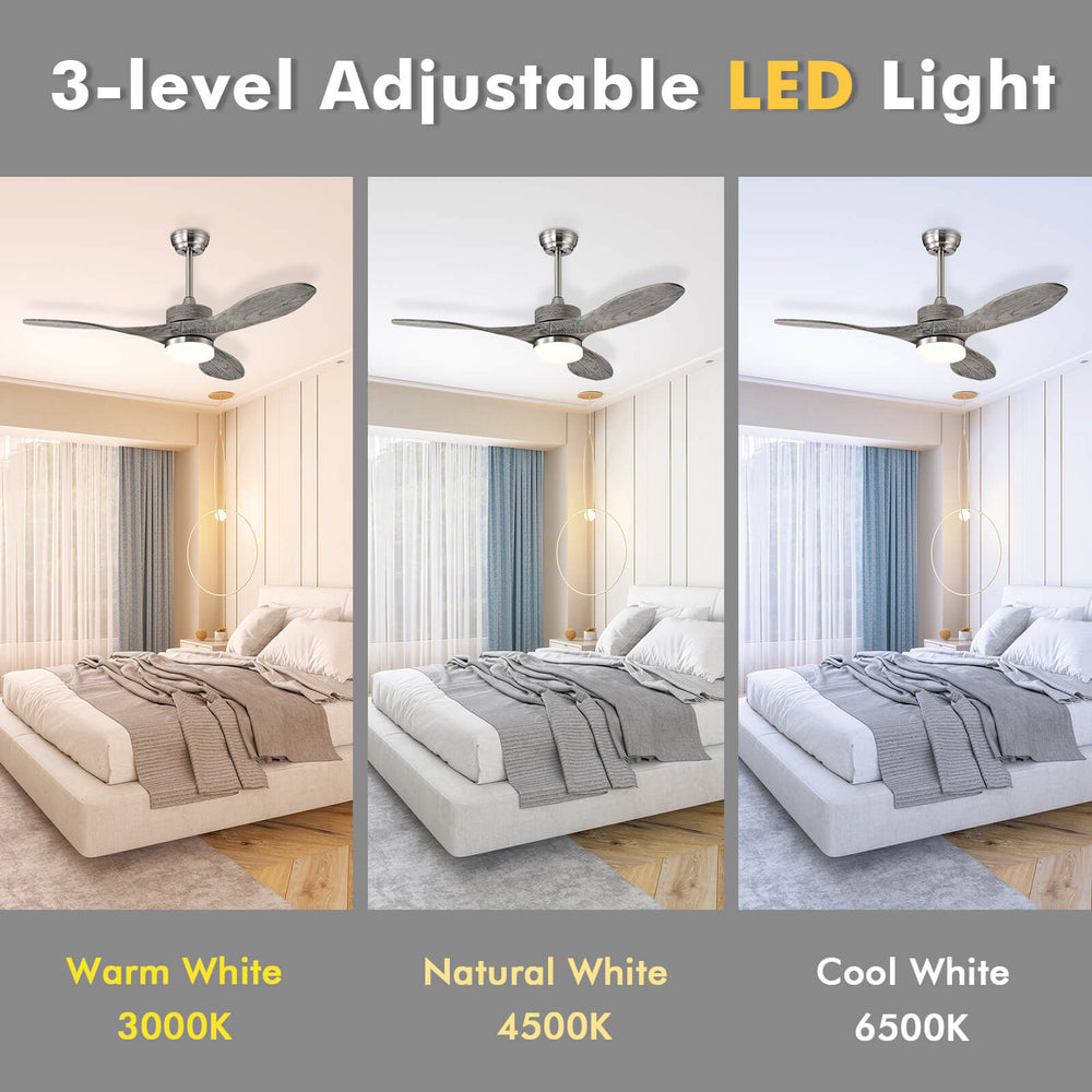 48-inch wood ceiling fan with 18W LED lights showing three color temperatures for versatile lighting options.
