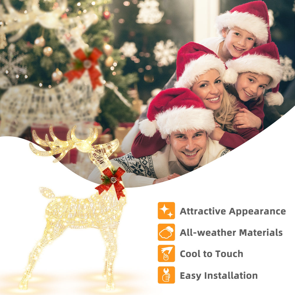 Lighted standing reindeer with 120 LED bulbs, waterproof tinsel, and anti-rust frame for festive Christmas decoration.