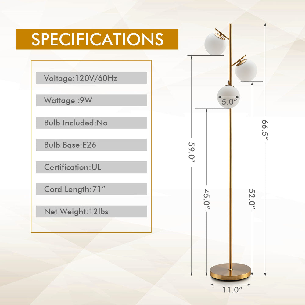 3-globe floor lamp with golden finish, sturdy steel pole, and foot switch, ideal for stylish corner lighting.