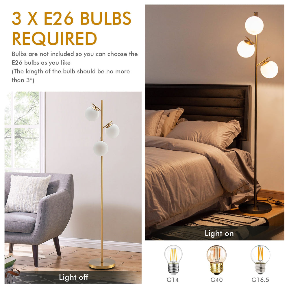 Three-globe floor lamp in golden finish with foot switch, featuring glass lampshades for stylish home decor.
