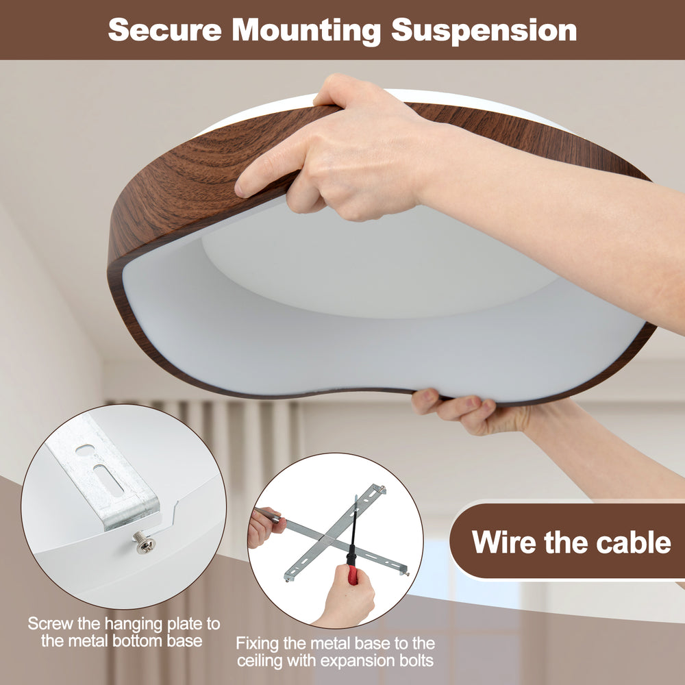 Modern LED ceiling light with wood pattern and metal frame, showcasing secure mounting suspension for easy installation.