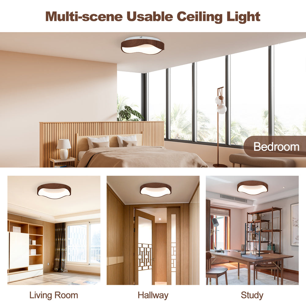 Modern 24W LED ceiling light with wood pattern and metal frame, ideal for bedroom, living room, and hallway use.