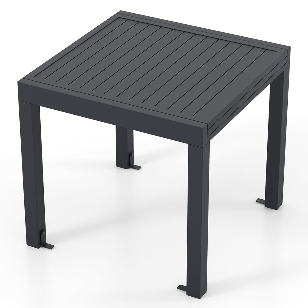 Expandable grey patio dining table for 4-6 people, featuring a slatted top and sturdy aluminum construction.