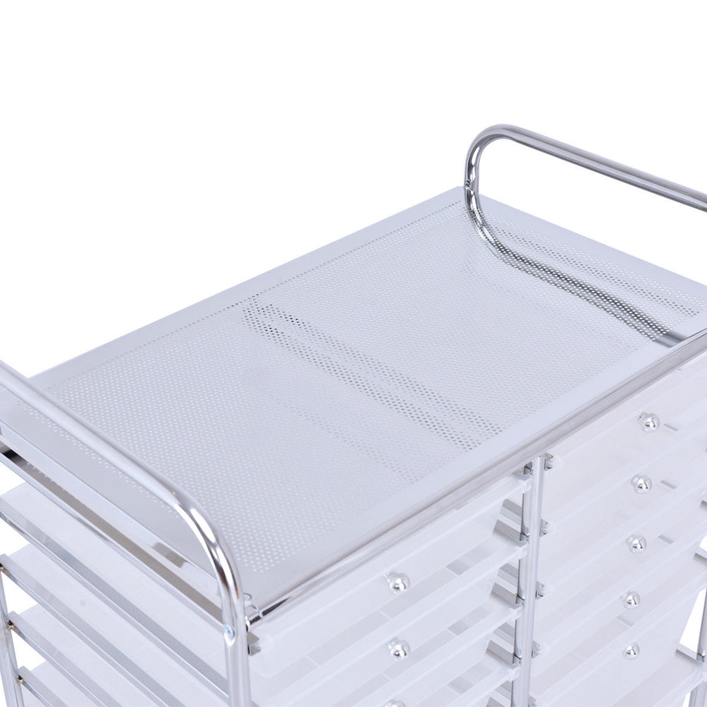Top view of a 12-drawer rolling cart with a chrome metal frame and semitransparent plastic drawers for versatile.
