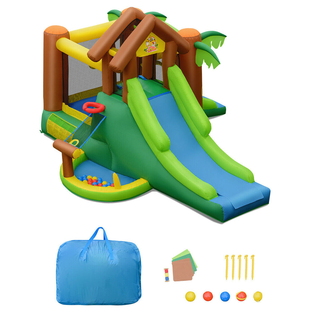 Kids inflatable jungle bounce house with slides, climbing wall, and safety nets for outdoor fun, suitable for ages 3-10.