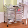 12-drawer rolling cart featuring a mix of large and small semitransparent bins, perfect for organizing various supplies.
