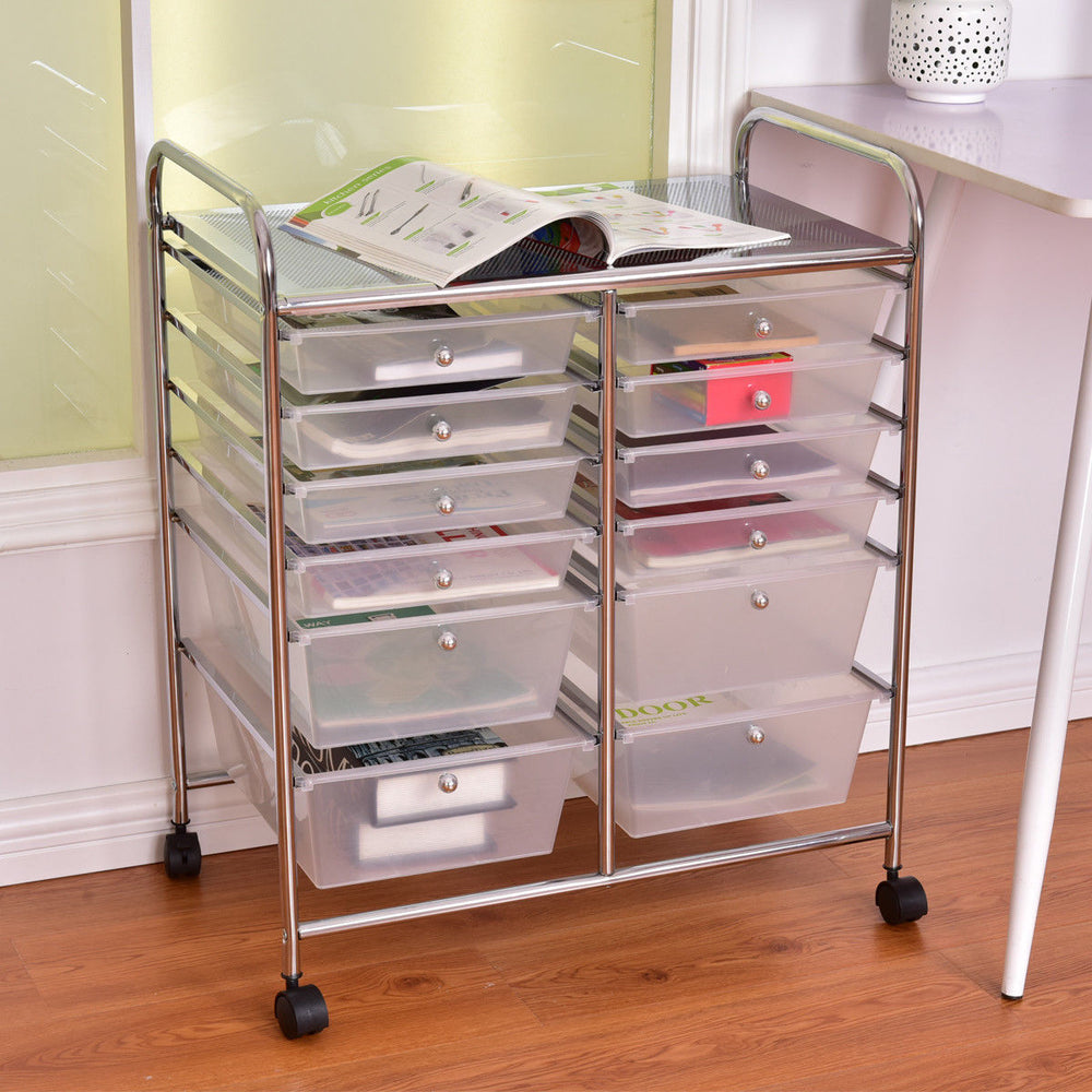 12-drawer rolling cart featuring a mix of large and small semitransparent bins, perfect for organizing various supplies.