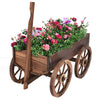 Wood Wagon Planter Pot Stand with Wheels, showcasing vibrant flowers and greenery, ideal for enhancing outdoor spaces.