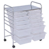 12-drawer rolling cart with a chrome metal frame and semitransparent plastic bins, ideal for home or office storage.