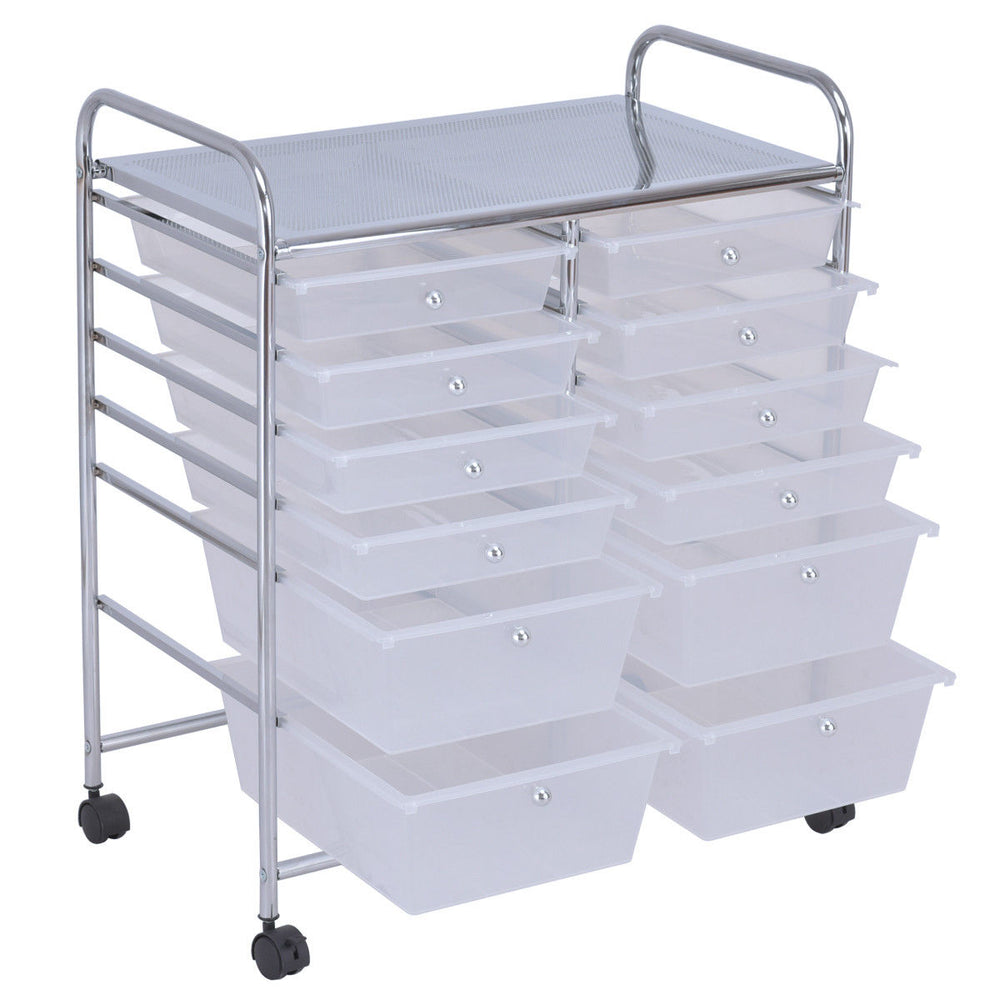 12-drawer rolling cart with a chrome metal frame and semitransparent plastic bins, ideal for home or office storage.
