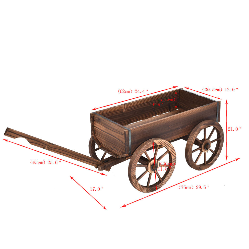 Side view of the Wood Wagon Planter Pot Stand with Wheels, showcasing its spacious interior for planting flowers.