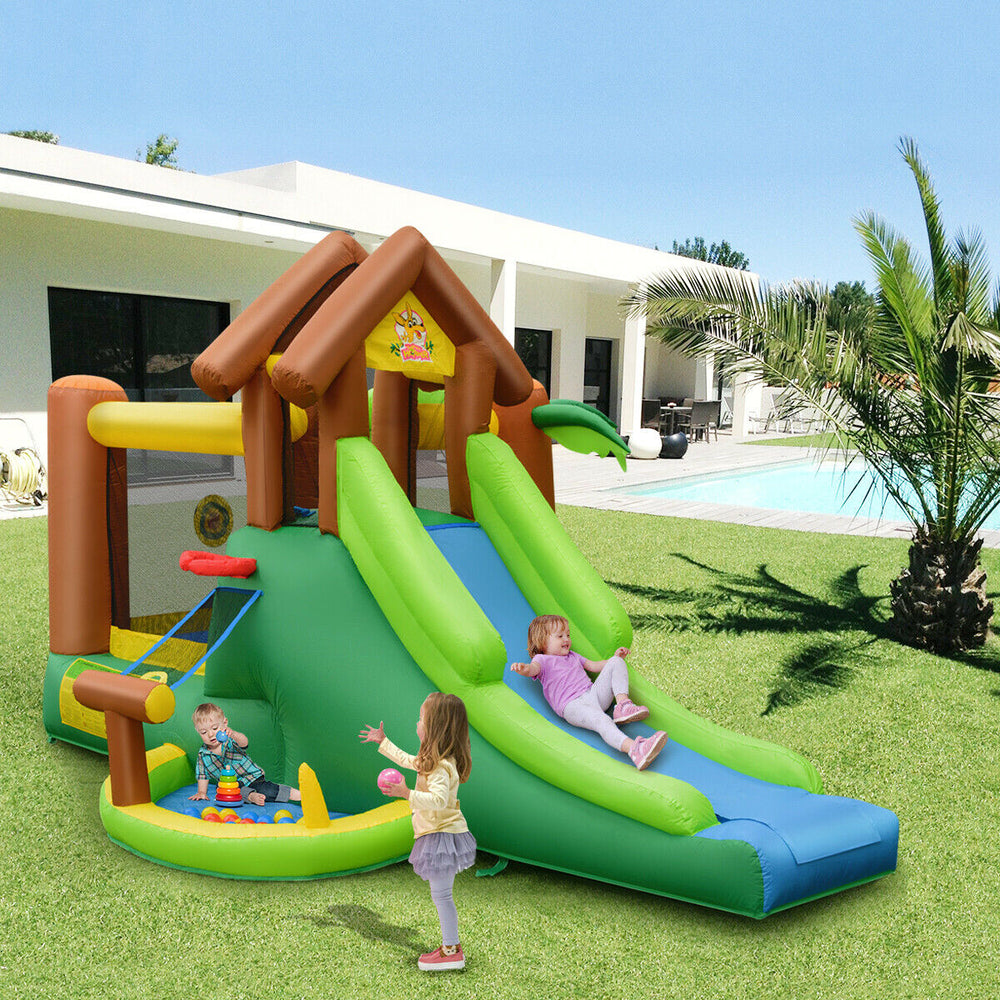 Kids inflatable jungle bounce house with a slide and climbing wall, featuring multiple play areas for active outdoor.