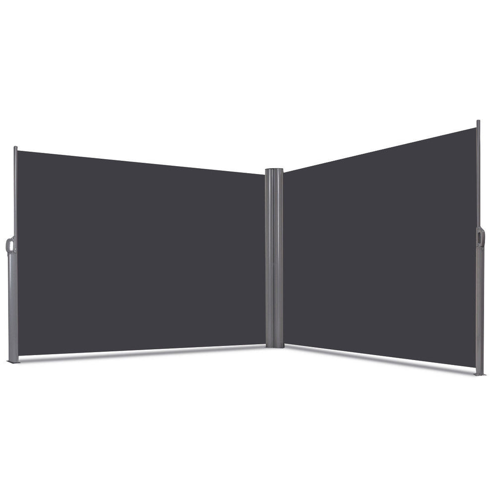 Double folding side awning screen divider, 237 x 63 inches, made of waterproof polyester and rust-resistant aluminum.