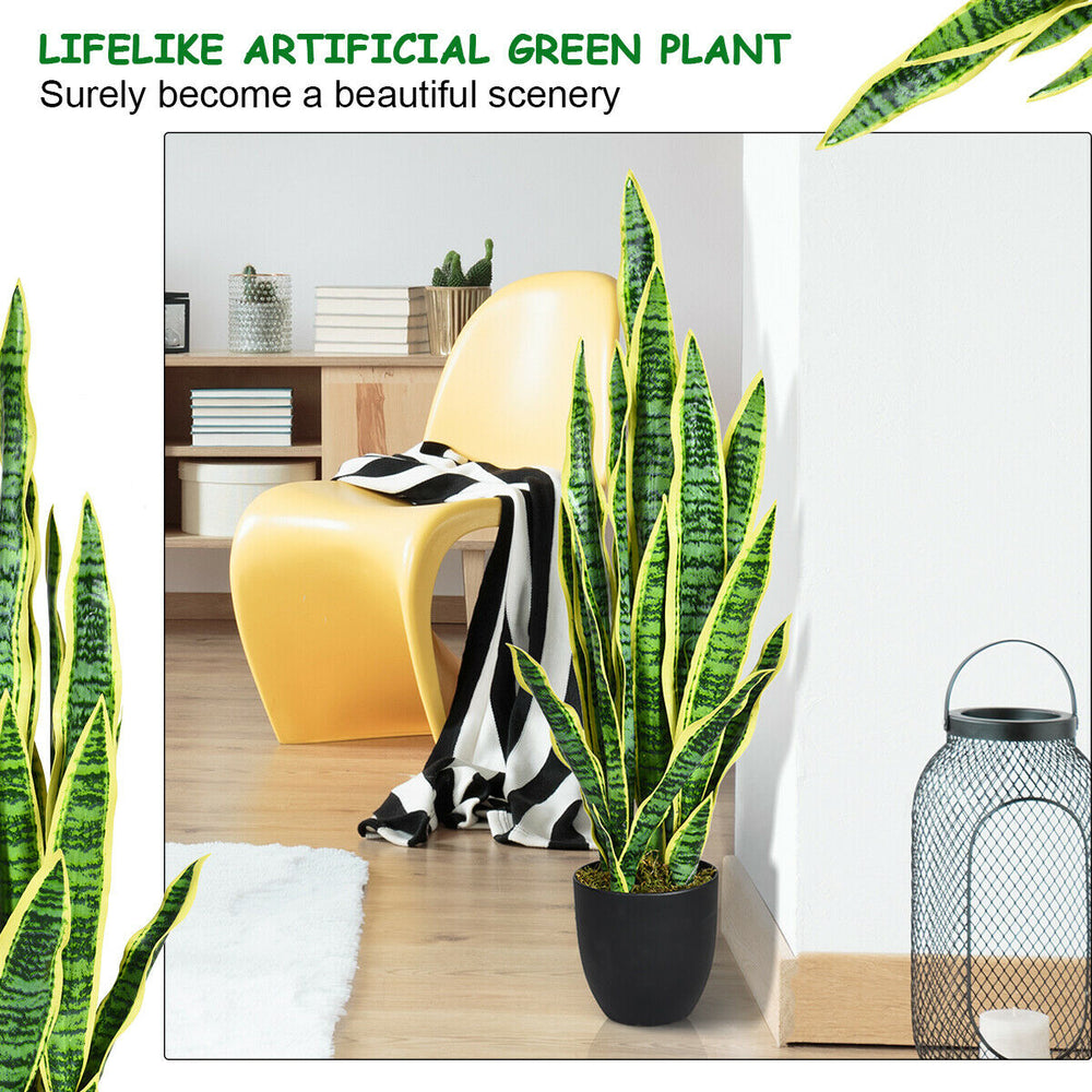 Lifelike 35.5-inch artificial snake plant with 20 vivid leaves in a sturdy pot, perfect for indoor or outdoor.
