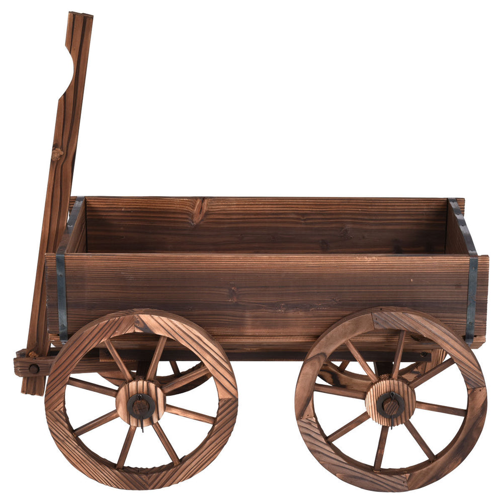 Wood wagon planter pot stand with wheels, made of solid fir wood, perfect for planting flowers in outdoor spaces.