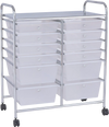 12-drawer rolling cart with metal frame and semitransparent bins, ideal for home or office storage and organization.