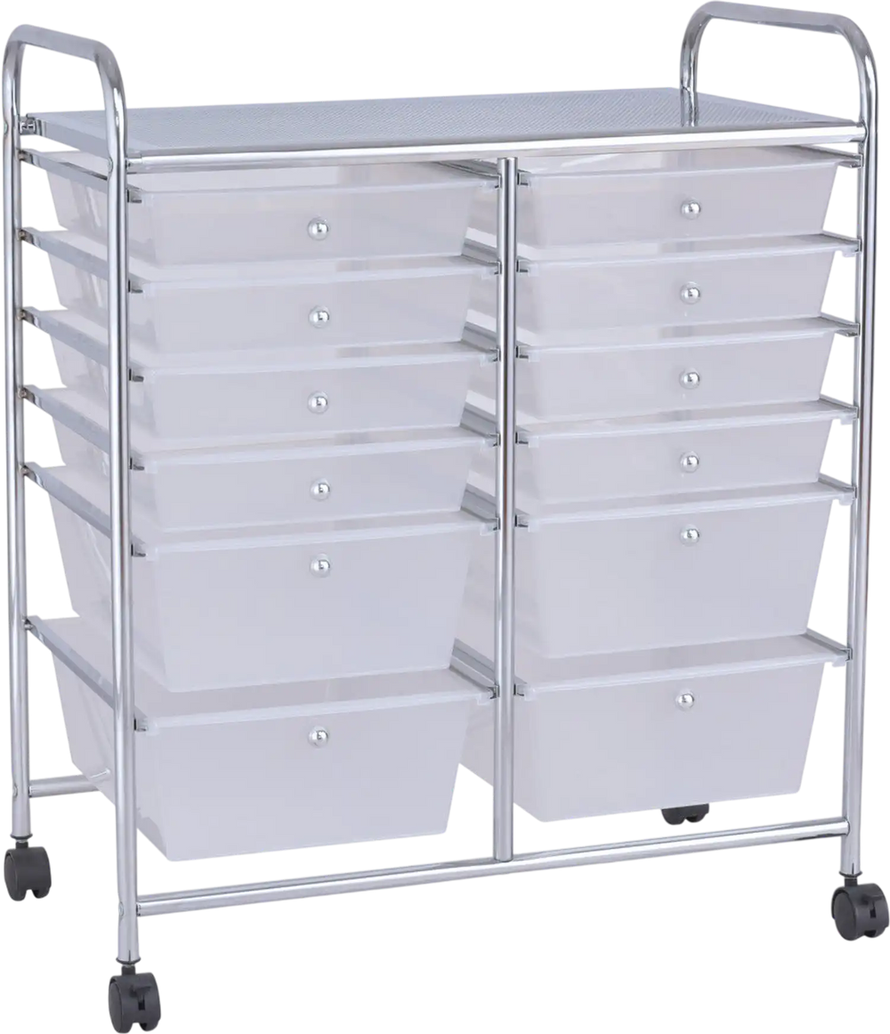 12-drawer rolling cart with metal frame and semitransparent bins, ideal for home or office storage and organization.