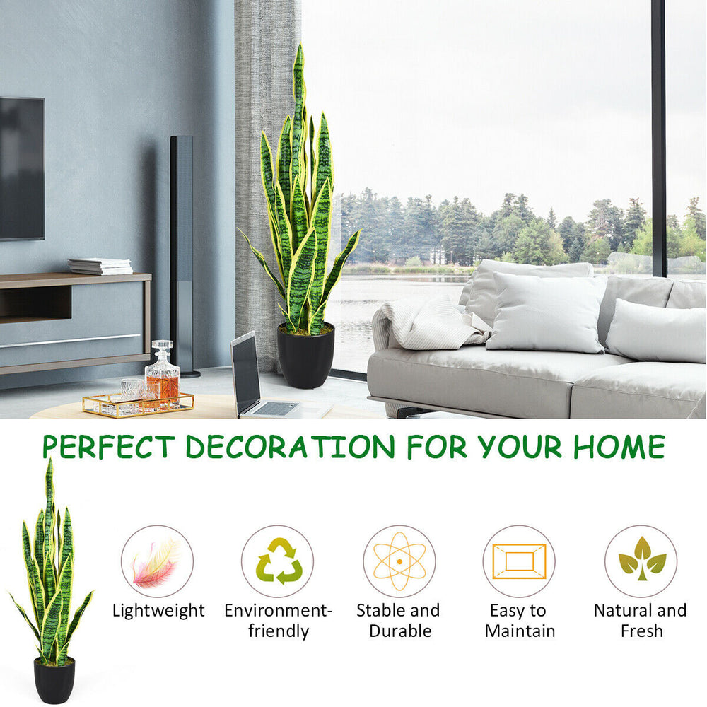 35.5-inch artificial snake plant with 20 leaves in a sturdy pot, perfect for home or office decoration.