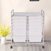 12-drawer rolling cart with a chrome metal frame and semitransparent bins, ideal for home or office storage solutions.