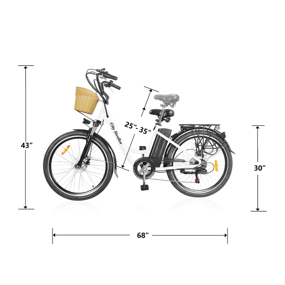 NAKTO City Stroller Electric Bicycle 6 Speed E-Bike 26" 350W Motor with Peak 600W 25 MPH 40 Mile Range 36V Li-Ion Battery White New