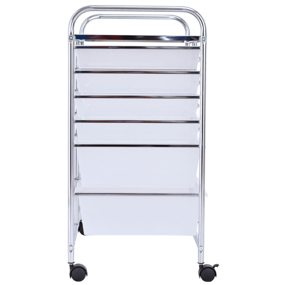 12-drawer rolling cart with chrome metal frame and semitransparent bins, ideal for home or office storage solutions.