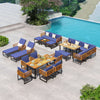 8-piece patio dining set featuring acacia wood and navy cushions, ideal for poolside relaxation and outdoor gatherings.