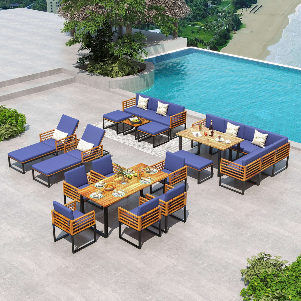 8-piece patio dining set featuring acacia wood and navy cushions, ideal for poolside relaxation and outdoor gatherings.